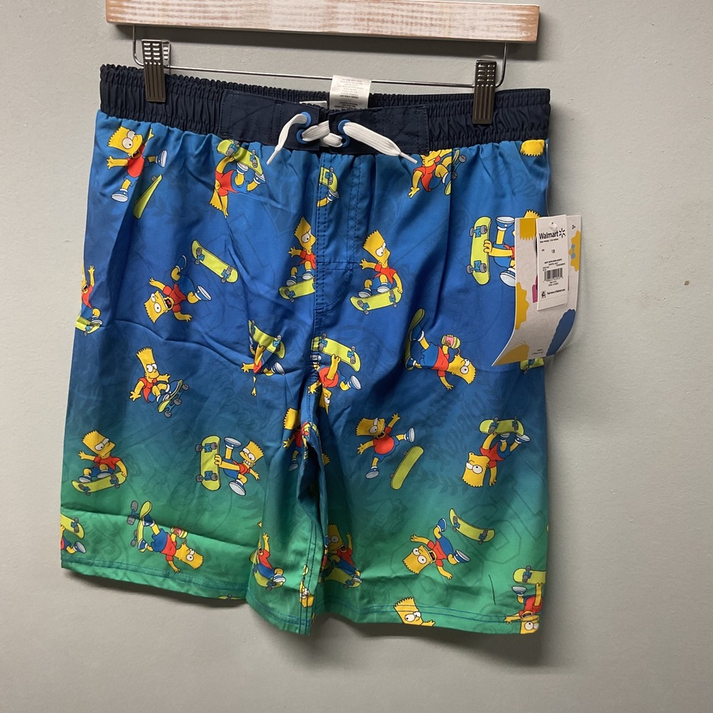 Boys Bart Simpson Swim‎ Shorts Size 18 Blue Green Skateboarding NEW NWT